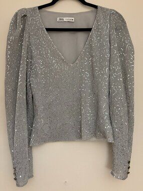 Zara Silver Sequin V-Neck Top